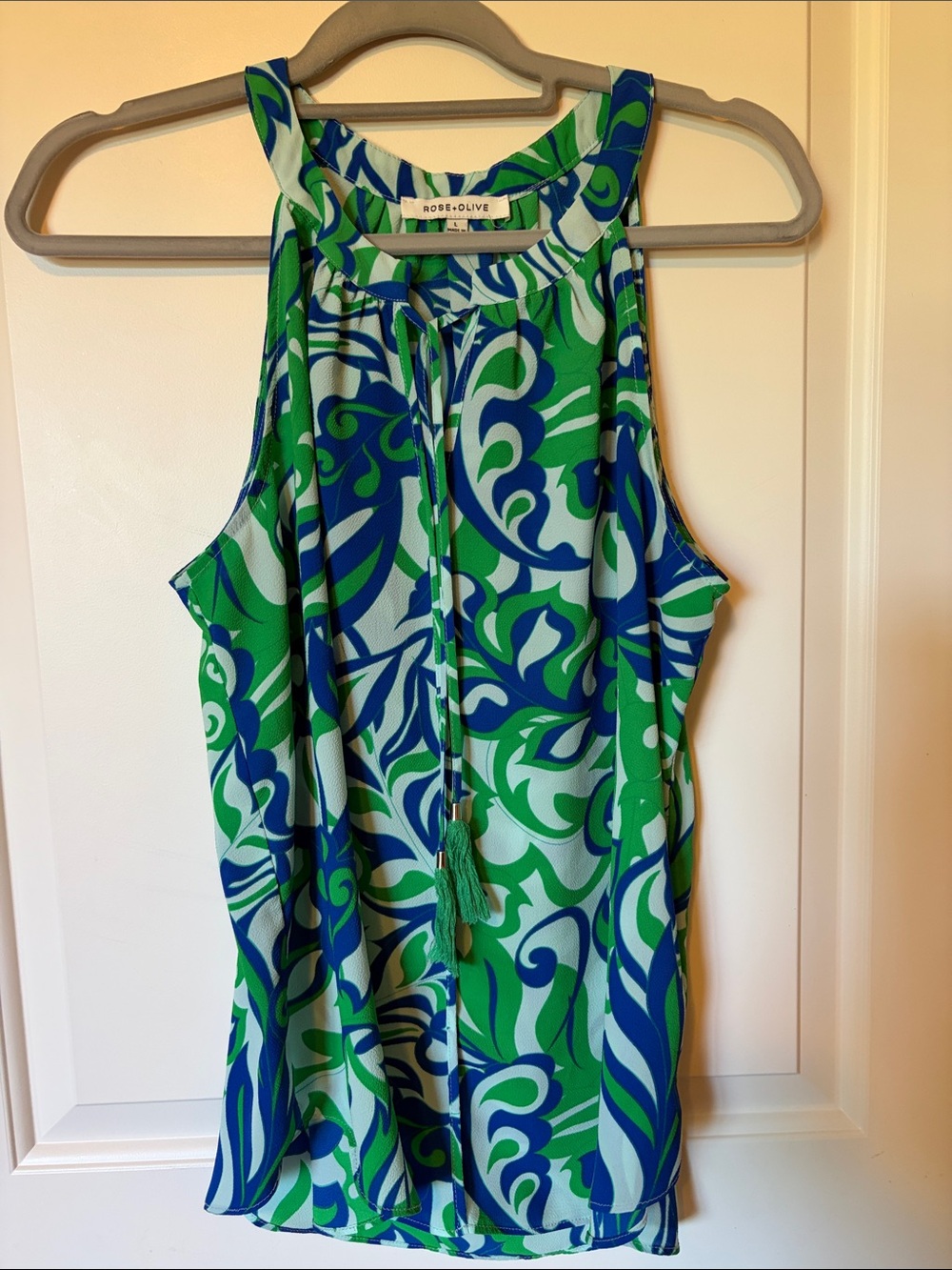 Rose & Olive Green and Blue Printed Halter Tank with Tassel